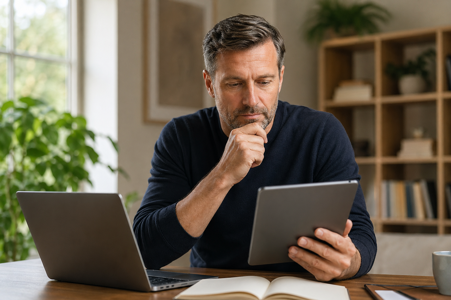 Personne comparant des services de streaming sur une tablette avec une expression réfléchie