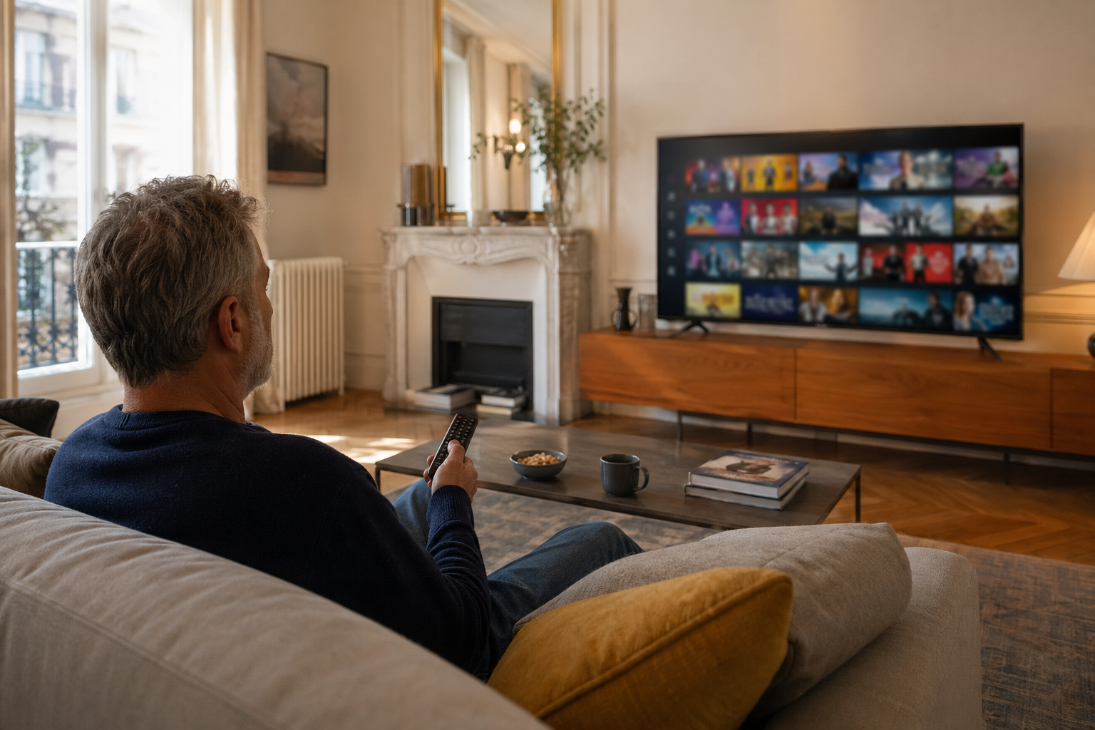 Personne regardant un service de streaming sur un téléviseur moderne